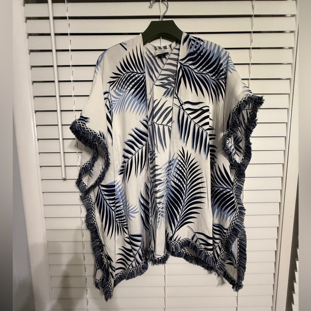 Leaf Print Poncho with Fringe one size fits most